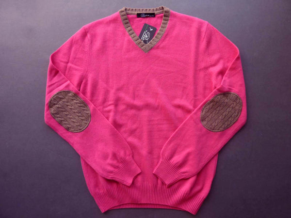 Riviera Sweater: Fucsia with heather brown, V-neck, wool/cashmere/silk