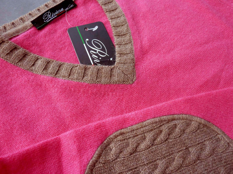 Riviera Sweater: Fucsia with heather brown, V-neck, wool/cashmere/silk