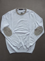 Riviera Sweater: Baby blue with grey, crewneck, wool/cashmere/silk