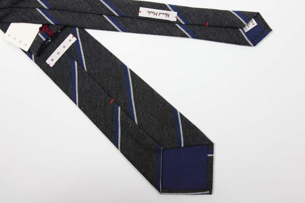 Roda Tie, Dark grey with blue and white stripe, 3.25" wide, cashmere