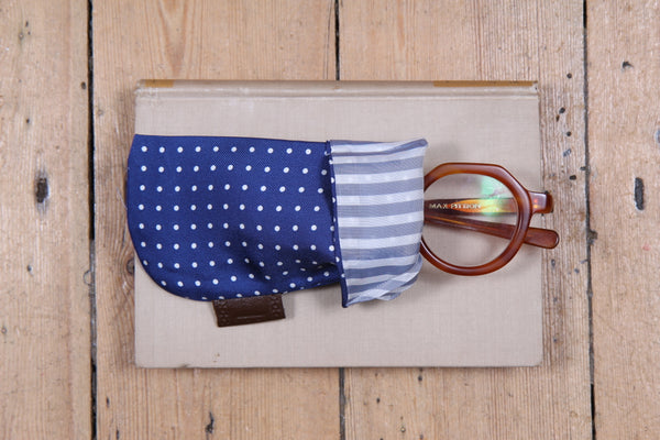 Sartorial Home Glasses Sleeve/Pochette, Royal blue white polkadots Pure Silk