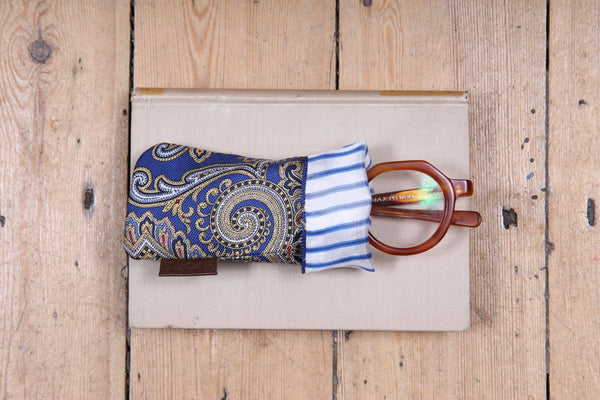 Sartorial Home Glasses Sleeve/Pochette, Royal blue Paisley Print Pure Silk