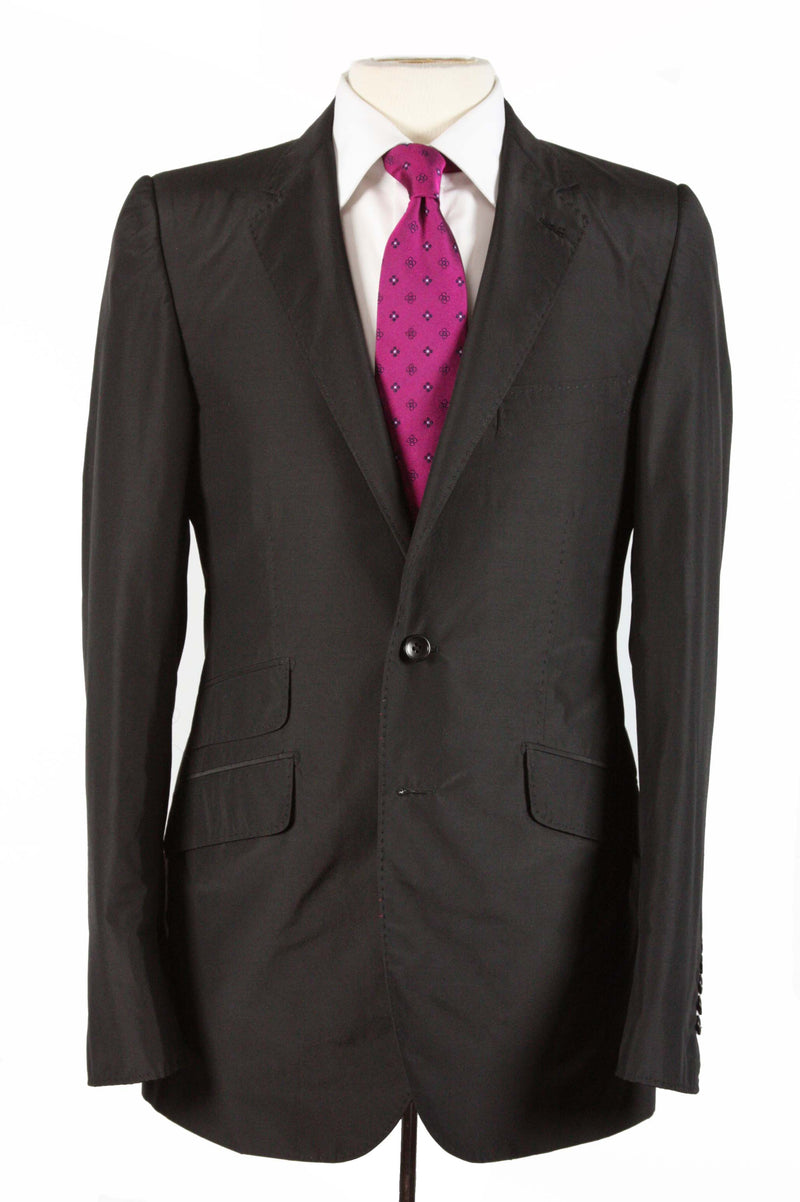 Smalto Suit: 38R, Black, 2-button, silk/wool