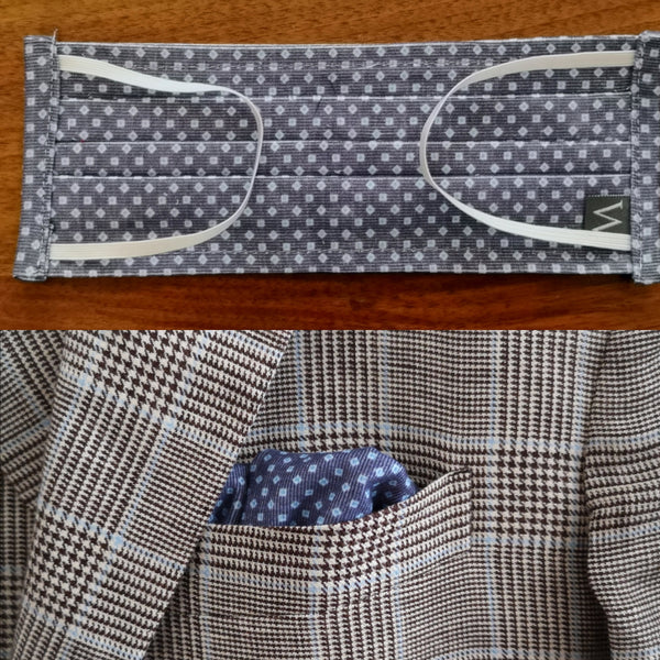 The Wardrobe Face Mask / Pocket Square, Dark blue small geometric pattern Pure cotton