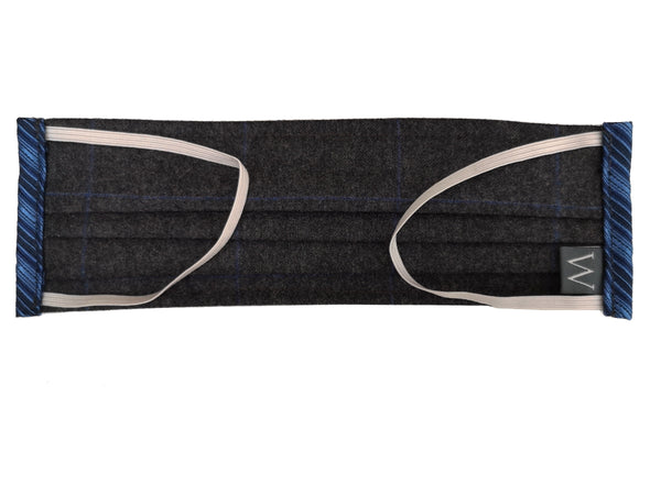 The Wardrobe Sartorial Face Mask, Charcoal grey with cobalt blue windowpane Wool/Silk/Cotton