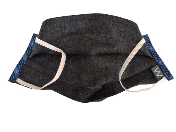 The Wardrobe Sartorial Face Mask, Charcoal grey with cobalt blue windowpane Wool/Silk/Cotton