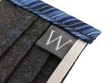 The Wardrobe Sartorial Face Mask, Charcoal grey with cobalt blue windowpane Wool/Silk/Cotton