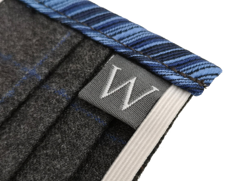 The Wardrobe Sartorial Face Mask, Charcoal grey with cobalt blue windowpane Wool/Silk/Cotton