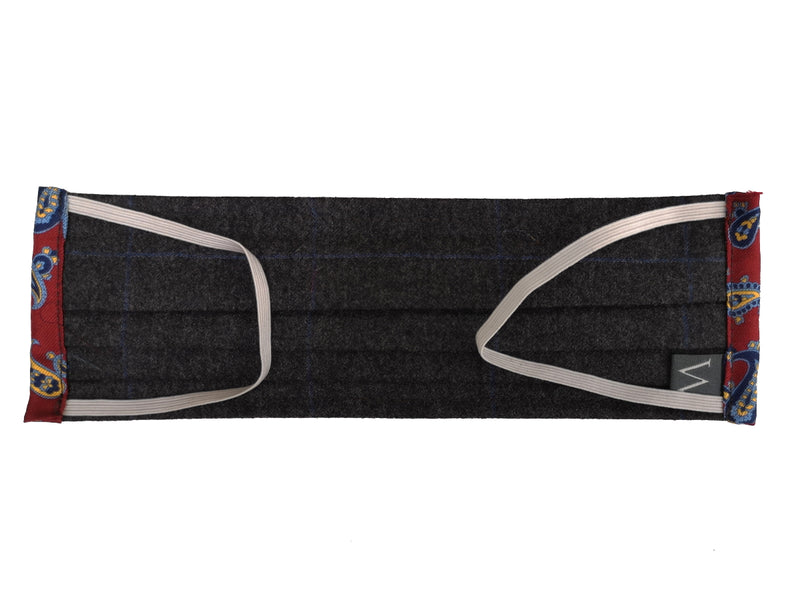The Wardrobe Sartorial Face Mask, Charcoal grey with cobalt blue windowpane Wool/Silk/Cotton