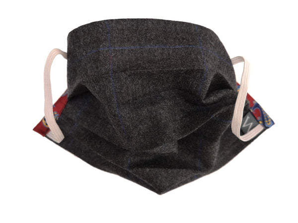 The Wardrobe Sartorial Face Mask, Charcoal grey with cobalt blue windowpane Wool/Silk/Cotton