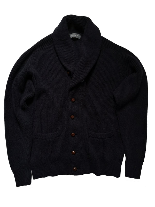 The Wardrobe Sweater Navy Blue Shawl collar cardigan Pure camelhair