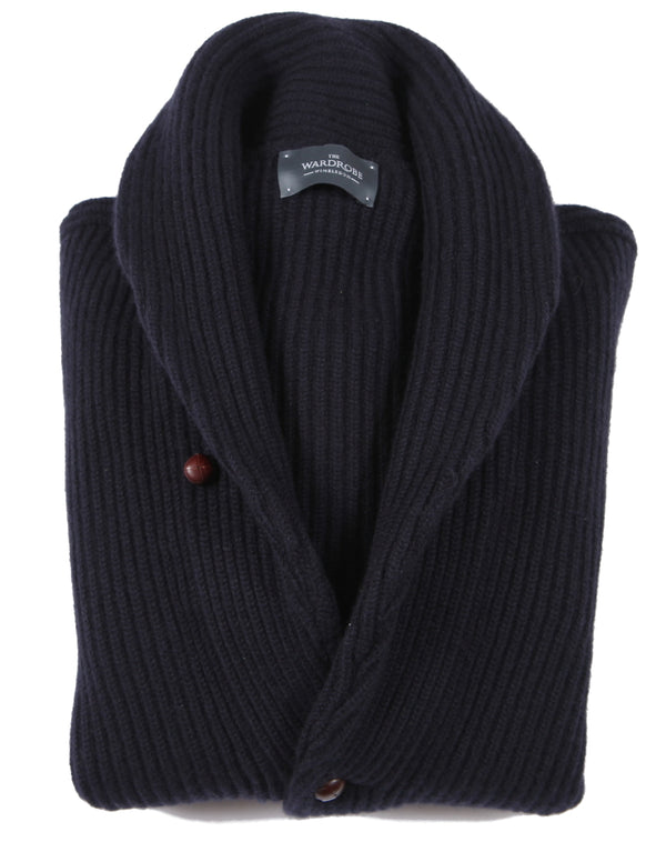 The Wardrobe Sweater Navy Blue Shawl Collar, Cardigan, 4-ply pure cashmere