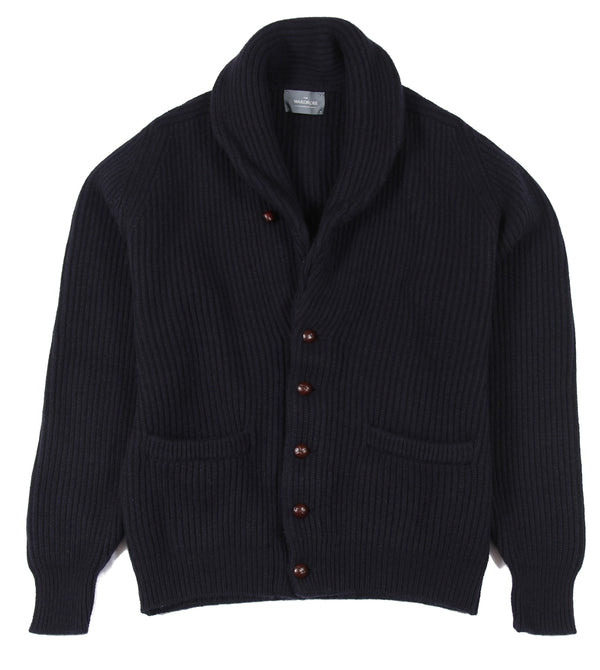 The Wardrobe Sweater Navy Blue Shawl Collar, Cardigan, 4-ply pure cashmere