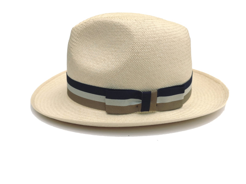 The Wardrobe Olney Panama Hat S/57cm, Navy/beige band 6cm brim Toquilla Straw