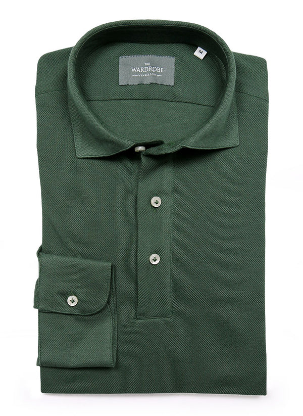 The Wardrobe Long Sleeve Tailored Polo Shirt,Forest green, spread collar, pique cotton