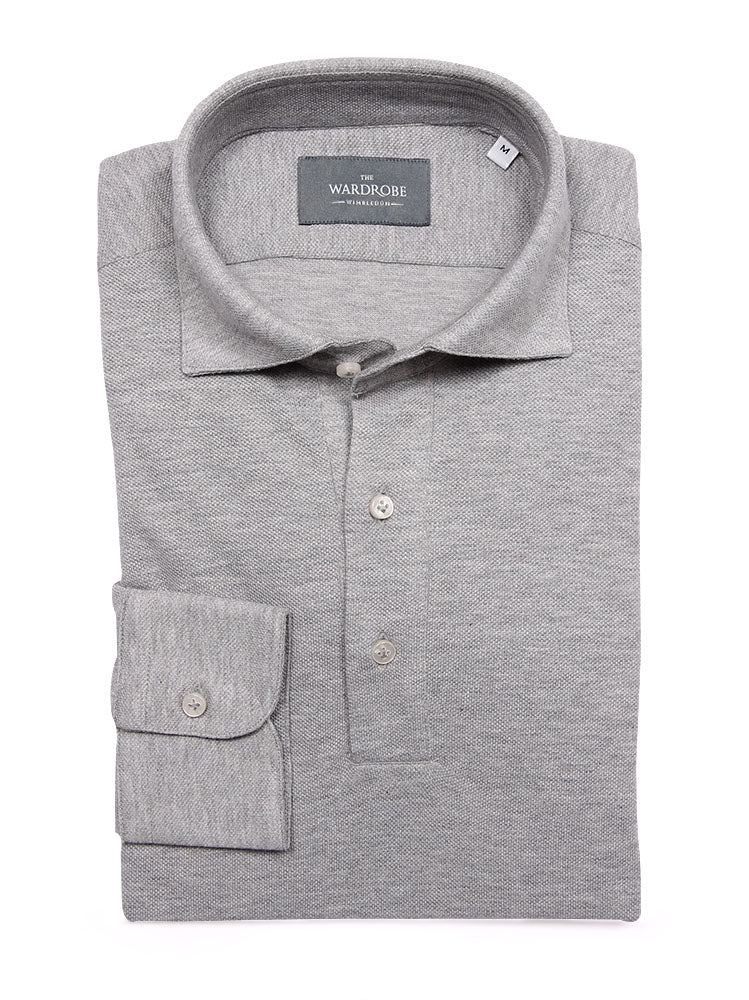 The Wardrobe Long Sleeve Tailored Polo Shirt, Light grey, spread collar, pique cotton
