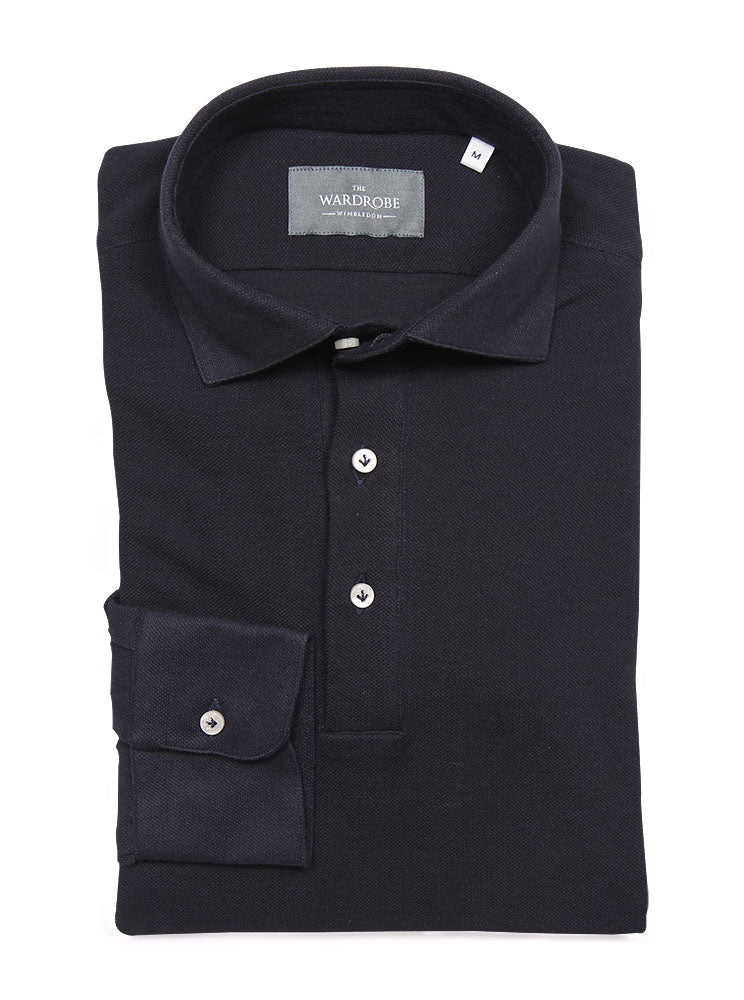 The Wardrobe Long Sleeve Tailored Polo Shirt, Navy, spread collar, pique cotton