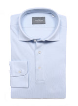 The Wardrobe Long Sleeve Tailored Polo Shirt, Sky blue, spread collar, pique cotton