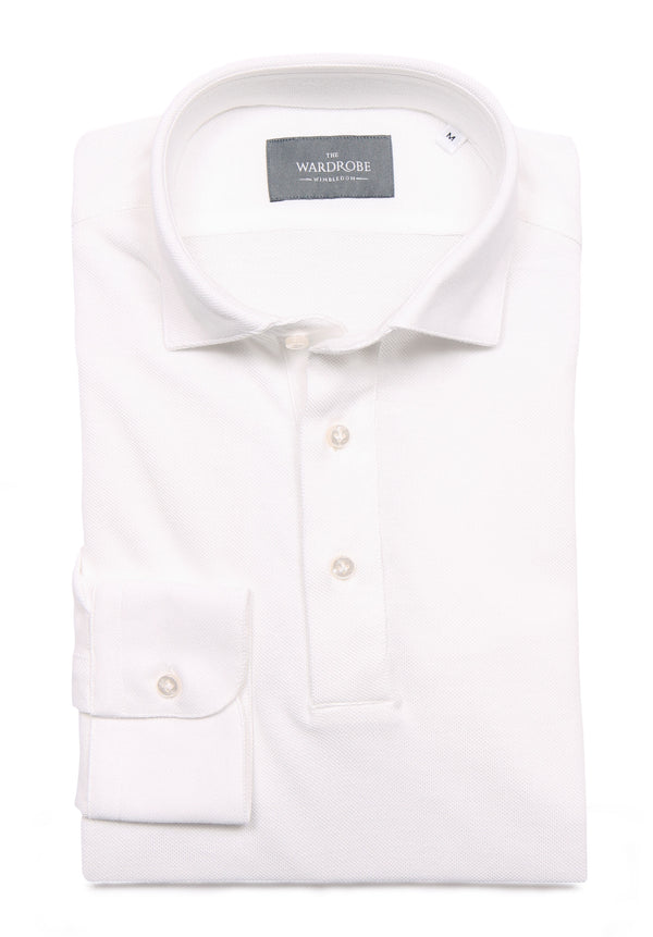 The Wardrobe Long Sleeve Tailored Polo Shirt, White, spread collar, pique cotton