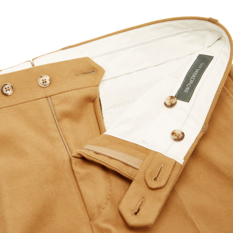 The Wardrobe Trousers, Camel , Flat Front, Cotton Moleskin