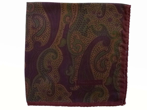 Zegna Pocket Square: Muted brown & dark olive paisley, pure silk