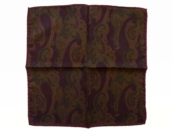 Zegna Pocket Square: Muted brown & dark olive paisley, pure silk