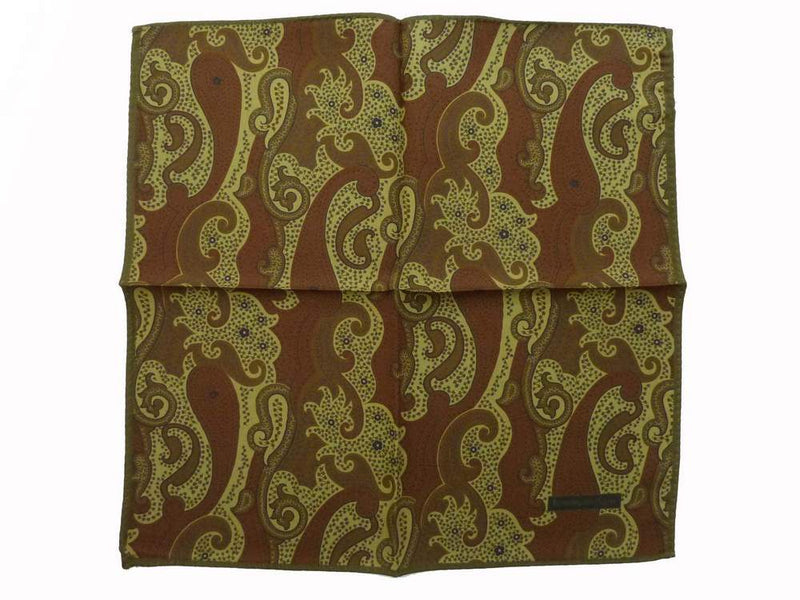 Zegna Pocket Square: Muted brown & light olive paisley, pure silk