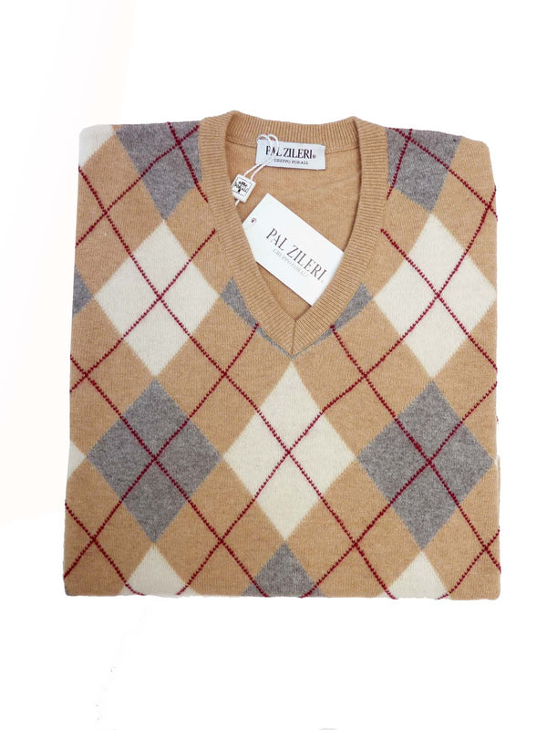 Pal Zileri Sweater: Tan, Cream & Grey Argyle