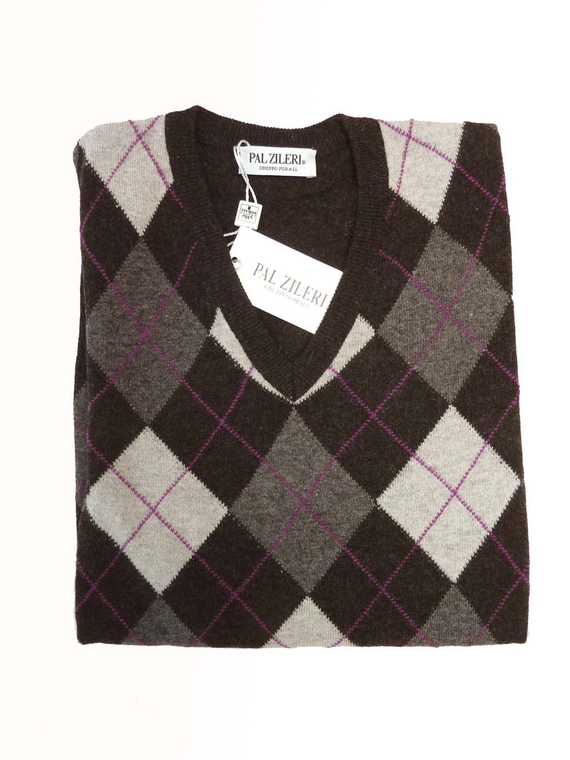 Pal Zileri Sweater: Charcoal with medium and light grey argyle, V-neck, wool/cashmere blend