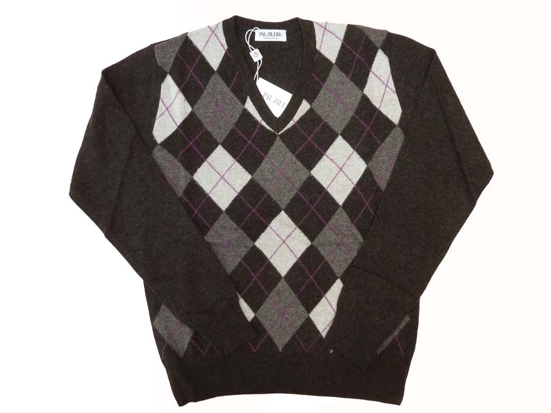 Pal Zileri Sweater: Charcoal with medium and light grey argyle, V-neck, wool/cashmere blend